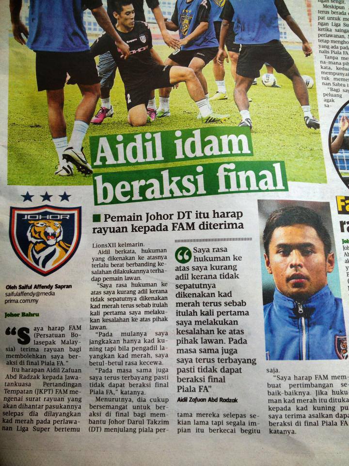 Kad merah: aidil terlepas final piala FA